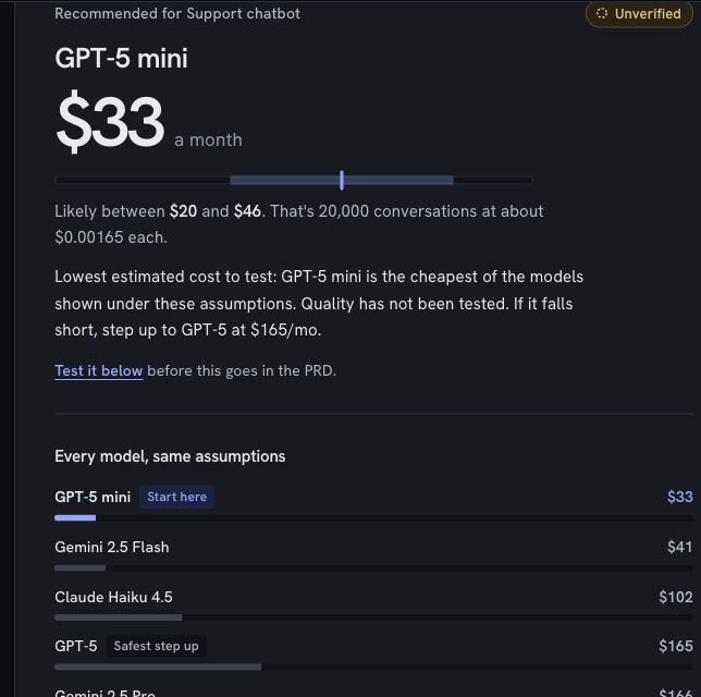 Token Economist support-chatbot example showing a monthly cost range and comparison across models.